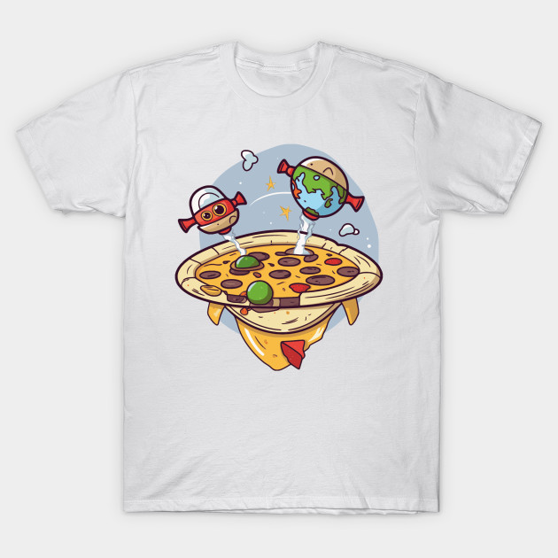 Spacecraft pizza with salami and spaceships earth and robot by maasPat